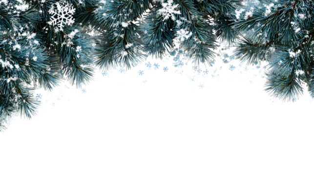 Border of pine branches with snowflakes along the edges creating a festive winter frame isolated on white background