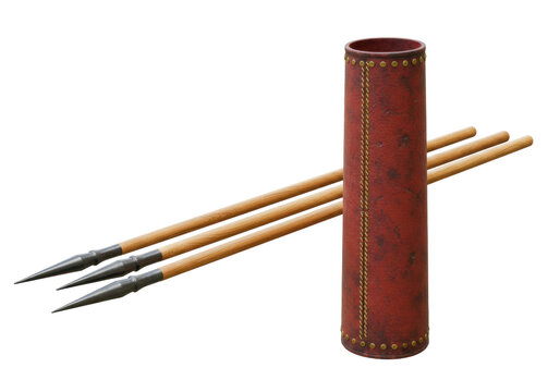 Isolated spears resting against quiver, wooden shaft, forged metal spearheads, antiquity - Powered by Adobe