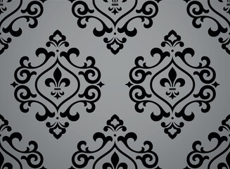 Wallpaper in the style of Baroque. Gray and black floral ornament. Seamless vector background. Graphic pattern for fabric, wallpaper, packaging. Ornate Damask flower illustration
