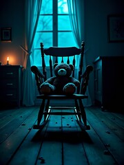 Teddy bear sitting in rocking chair at night