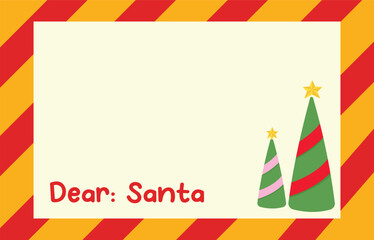 Dear Santa letter template with red yellow striped border and two ribbon striped Christmas trees topped by stars. 