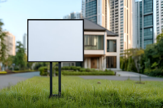 A blank billboard stands on a green lawn in an urban setting, surrounded by modern buildings and clear blue skies.