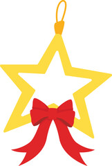 Golden open star ornament with hanging loop and bright red ribbon bow. flat vector icon, minimal Christmas decoration isolated on white, perfect for tree topper graphics, tags, labels, and season