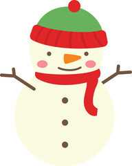 cute snowman wearing green beanie with red trim and matching scarf, carrot nose, button front, and twig arms. flat vector character on white, ideal for children’s Christmas cards, and stickers