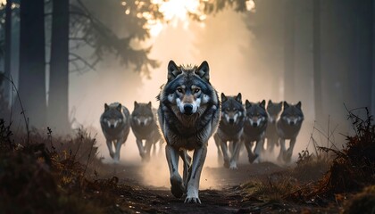 Fierce Wolf Pack Running Through the Forest, Illustrating Strength, Agility, and Wild Instincts