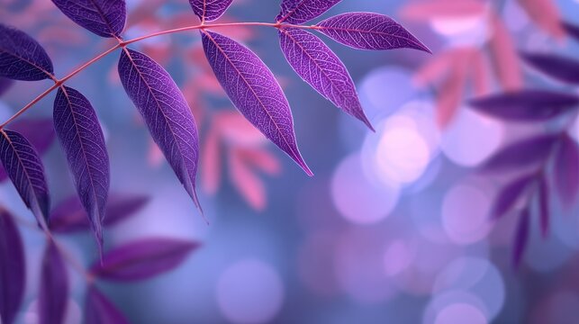 Abstract design and wallpaper with a purple leaf backdrop featuring blurred foliage and circular bokeh