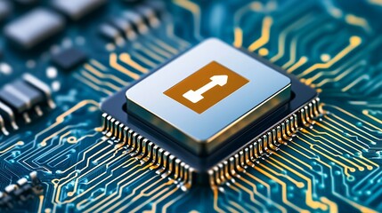 Close up of a Microchip with Key Symbol on Teal and Gold Circuit Board