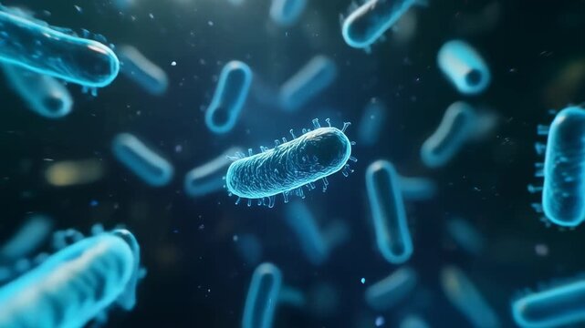 Cinematic 3D rendering of a microscopic colony of glowing blue bacteria. A detailed macro view of microorganisms and germs in a scientific visualization
