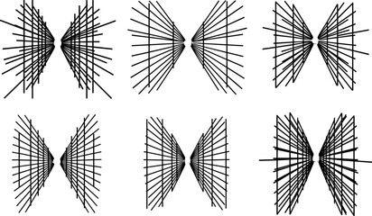 Geometric line pattern set, black and white symmetry illustration, abstract hourglass shapes, vector optical illusion design, perspective and transformation concept