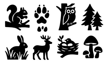 Naklejka premium Forest Icon Set. Peaceful Forest Scene bold vector icon set: squirrel on branch, fox tracks, owl on tree, rabbit in grass, deer silhouette, bird nest, pine trees, mushrooms.