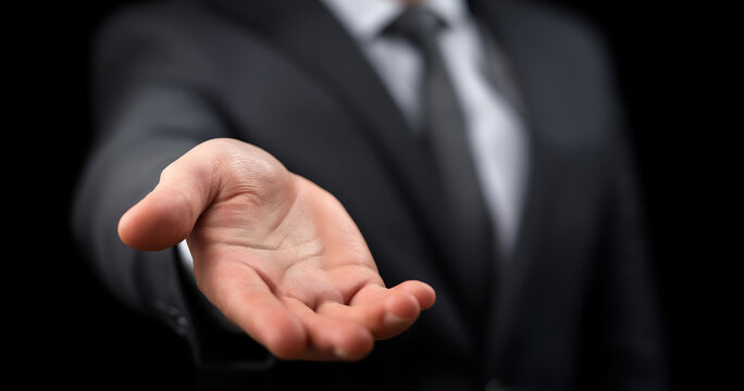 A confident businessman extends his hand for a handshake, reflecting professionalism and readiness for collaboration.