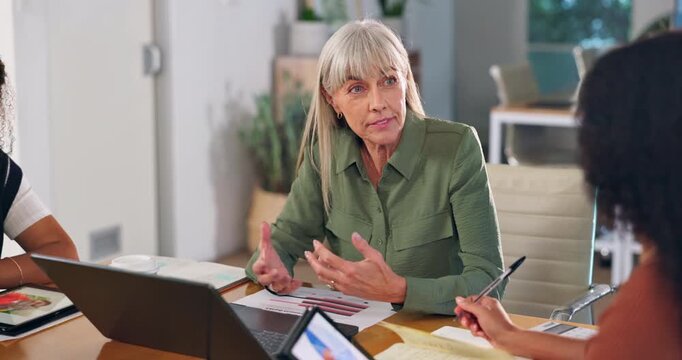 Woman, laptop and business for creative meeting, discussion and hand gesture for strategy with employee. Online, project and website launch for company, digital expansion plan with design agency