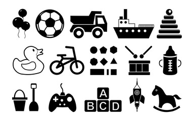 A collection set of black icons for children's toys. Children's toys solid icons set. toys icon set. Vector Illustrations.
