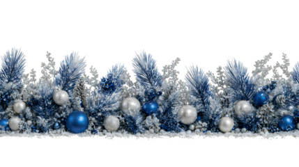 Blue and silver conifer border with ornaments and snow isolated on white background