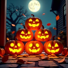 Stack of halloween jack-o-lanterns on doorstep