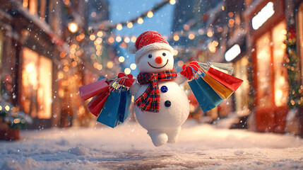 Joyful snowman loaded with colorful shopping bags, celebrating the magic of holiday season sales and winter retail.