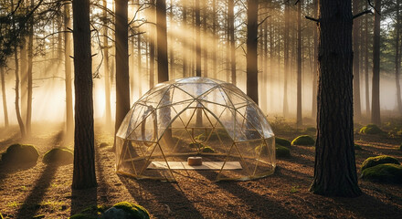 Transparent geodesic dome glamping tent nestled amongst tall trees in a misty forest with golden sunbeams filtering through the canopy