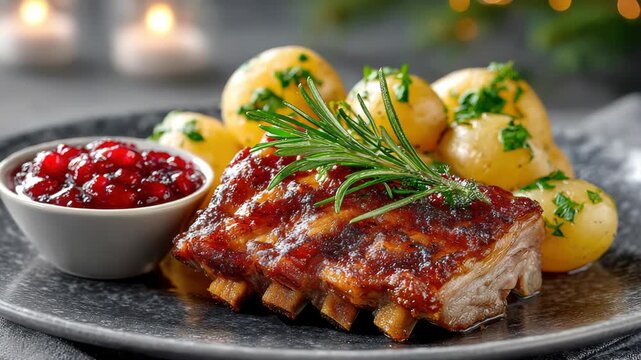 Roasted Norwegian pork ribs, known as ribbe, present a traditional Christmas dish with crispy skin, fresh rosemary, chives, small potatoes, and a side of yellow sauce