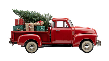 Classic red vintage pickup truck carrying Christmas gifts and a fir tree isolated on white background