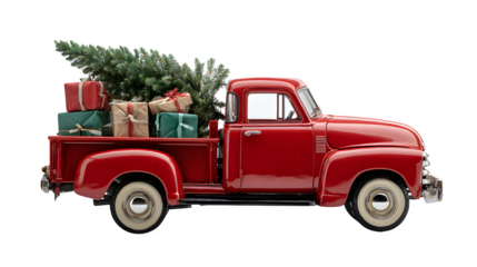 Classic red vintage pickup truck carrying Christmas gifts and a fir tree isolated on white background