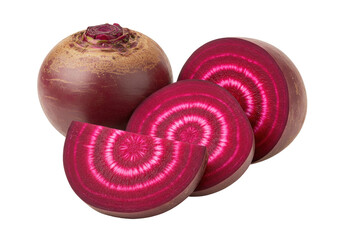 Isolated Beetroot slices and whole beet, fresh vegetable for cooking and healthy eating