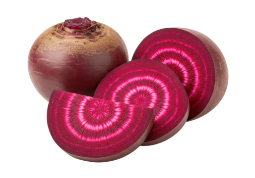 Isolated Beetroot slices and whole beet, fresh vegetable for cooking and healthy eating