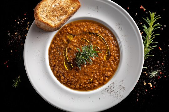 Rustic lentil soup composition accented by herbs and olive oil surrounding artisan bread and spices showcasing culinary artistry and homely comfort captured with clarity