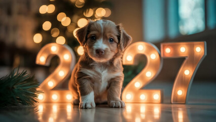 Cute puppy with glowing 2027 numbers, festive New Year background with warm bokeh lights, cozy holiday atmosphere, adorable dog celebrating 2027 indoors, Christmas pet photography in soft lighting