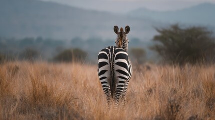 Fototapeta premium A zebra viewed from the rear on grass in Tsavo East National Park during a safari