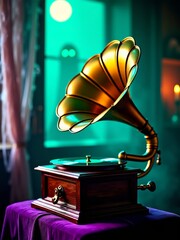 Antique gramophone with vinyl record on table