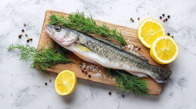 Fresh whole zander or pike perch with lemon dill and spices on a wooden board set on a white marble background Prepared raw walleye ready for cooking