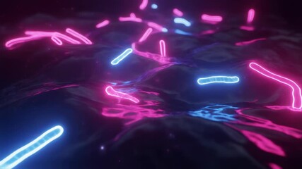 Cinematic microscopic footage of glowing neon bacillus bacteria swimming in a vibrant liquid, creating an otherworldly bioluminescent effect - Powered by Adobe