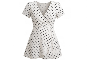 White dress featuring black polka dots and v-neck wrap design, short sleeves, for casual fashion apparel