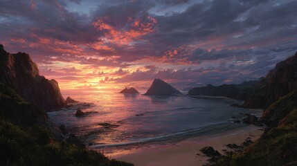 dramatic coastal vista sunrise over a secluded bay