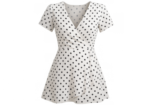 White dress featuring black polka dots and v-neck wrap design, short sleeves, for casual fashion apparel - Powered by Adobe