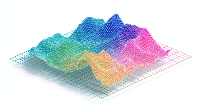 A colorful topographic map with grid lines, representing a landscape or terrain