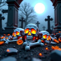 Skulls and bones in graveyard at night