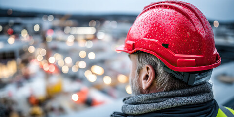 Construction worker in red hard hat overlooking rainy urban building site with blurred lights and reflective water, focused atmosphere of inspection and safety