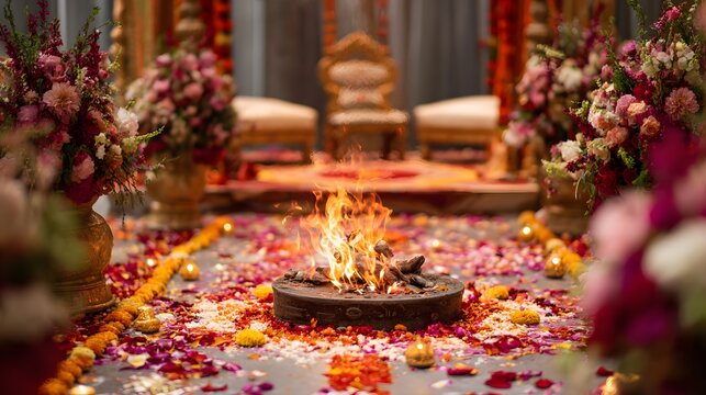 Havan kund fire pit surrounded by colorful flower petals in a hindu wedding mandap ceremony