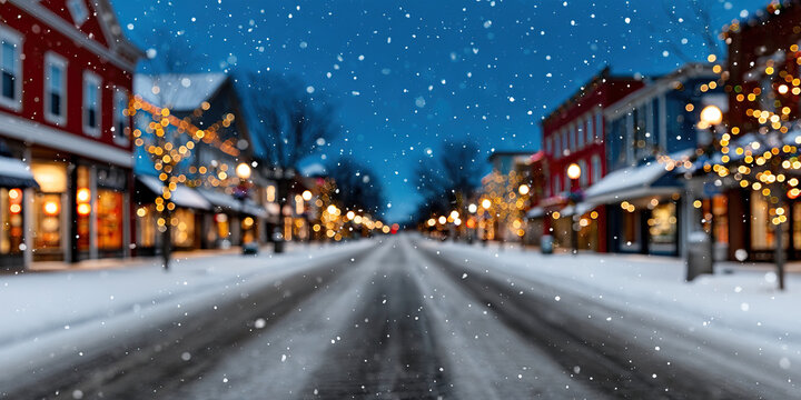 Snowfall on small town main street with blurred festive lights on shopfronts, snow covered road and cozy evening atmosphere creating peaceful winter holiday mood