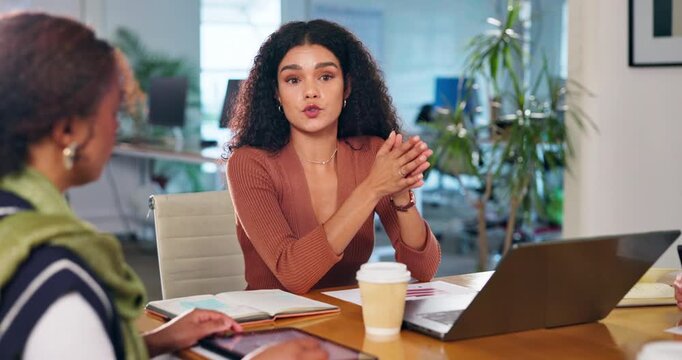 Woman, laptop and business for creative meeting, discussion and hand gesture for strategy with team. Online, project and website launch for company, digital expansion plan with design agency for idea