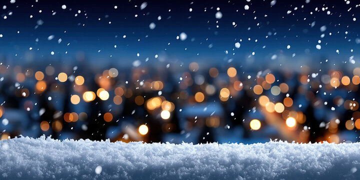 Snowy foreground with drifting snowflakes and blurred warm city bokeh lights at night, cozy winter atmosphere with soft focus and gentle falling snow