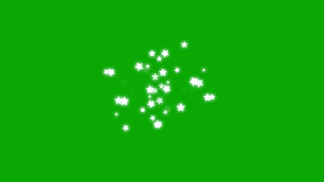 White glowing twinkle stars animation with sparkling glitter dust trail, blinking retro vector star doodles, magic particle burst, 2D flat sparkle effect overlay on green screen background. 4k