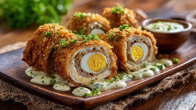 Fried risole filled with boiled eggs sausage and mayonnaise coated in breadcrumbs featuring a savory flavor