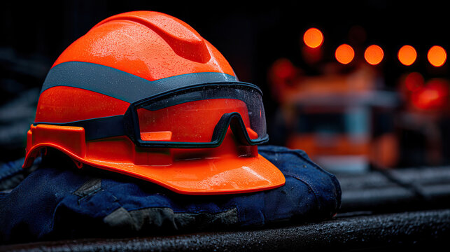 High visibility orange safety helmet with protective goggles and wet work glove on gritty construction surface backlit by blurred warning lights, conveying ruggedness and readiness for labor