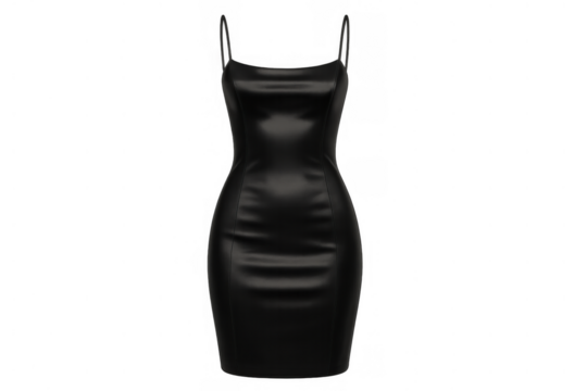 Black leather slip dress, bodycon silhouette, stylish women's apparel for evening wear and fashion concepts