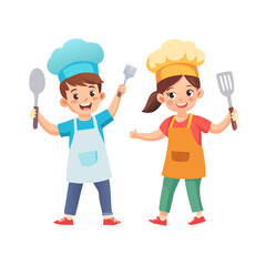 Young Aspiring Children Chefs Explore Culinary Delights, Wielding Spatulas And Aprons. Kids Characters in Culinary

