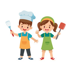 Young Aspiring Children Chefs Explore Culinary Delights, Wielding Spatulas And Aprons. Kids Characters in Culinary

