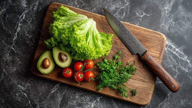 Fresh produce like avocado lettuce cherry tomatoes and herbs organized on a wooden board with a knife A vegetable display on a dark marble surface - Powered by Adobe