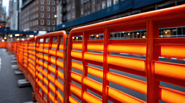 Reflective orange construction barrier glowing at dusk along urban street, shallow depth of field and bokeh lights creating warm, moody atmosphere